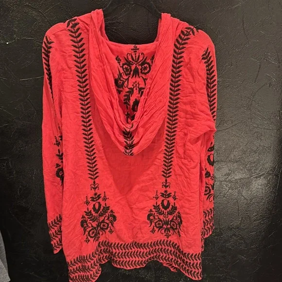 FREE PEOPLE Boho Embroidered Top Tunic or Mini Dress Hooded Swim Cover Up Red - Picture 9 of 15